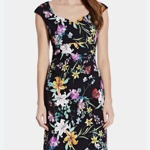 Adrianna Papell Black and Floral Sheath Semiformal Midi Dress Size 14